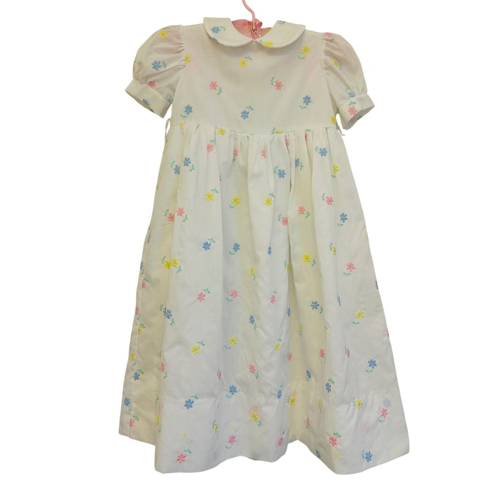 Vintage Girls White Floral Embroidered Peter Pan‎ Collar Dress Handmade Pastel